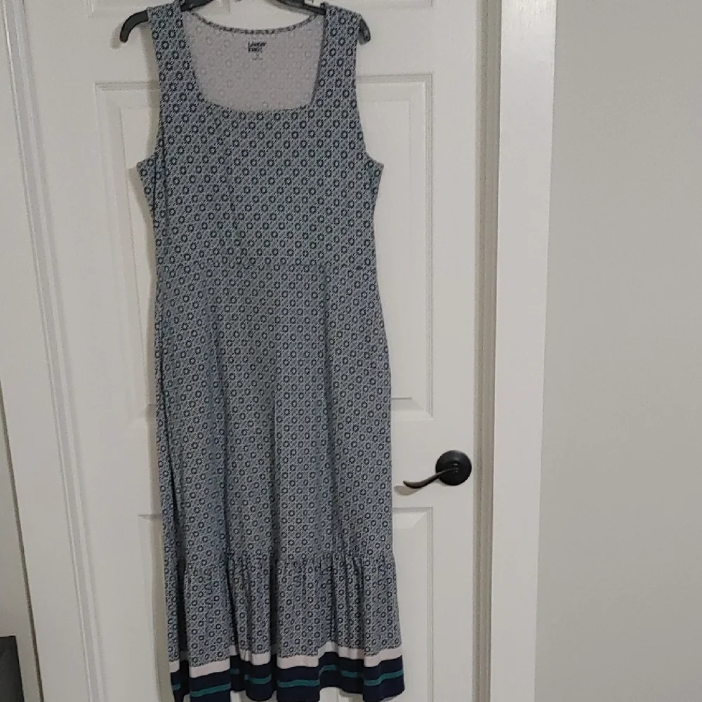 Lands' End Blue Patterned Sleeveless Maxi Dress with Tiered Hem & Pockets Sz LP - Picture 5 of 7